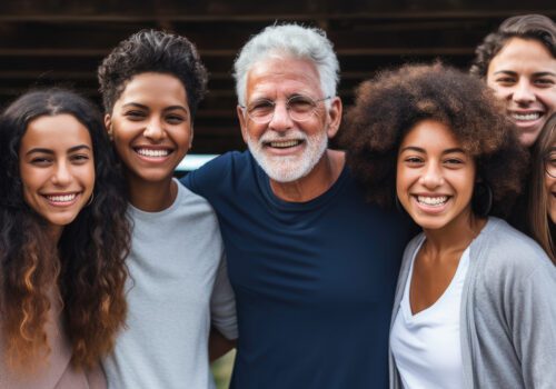 Multiracial people of all ages joyfully posing on camera outdoors