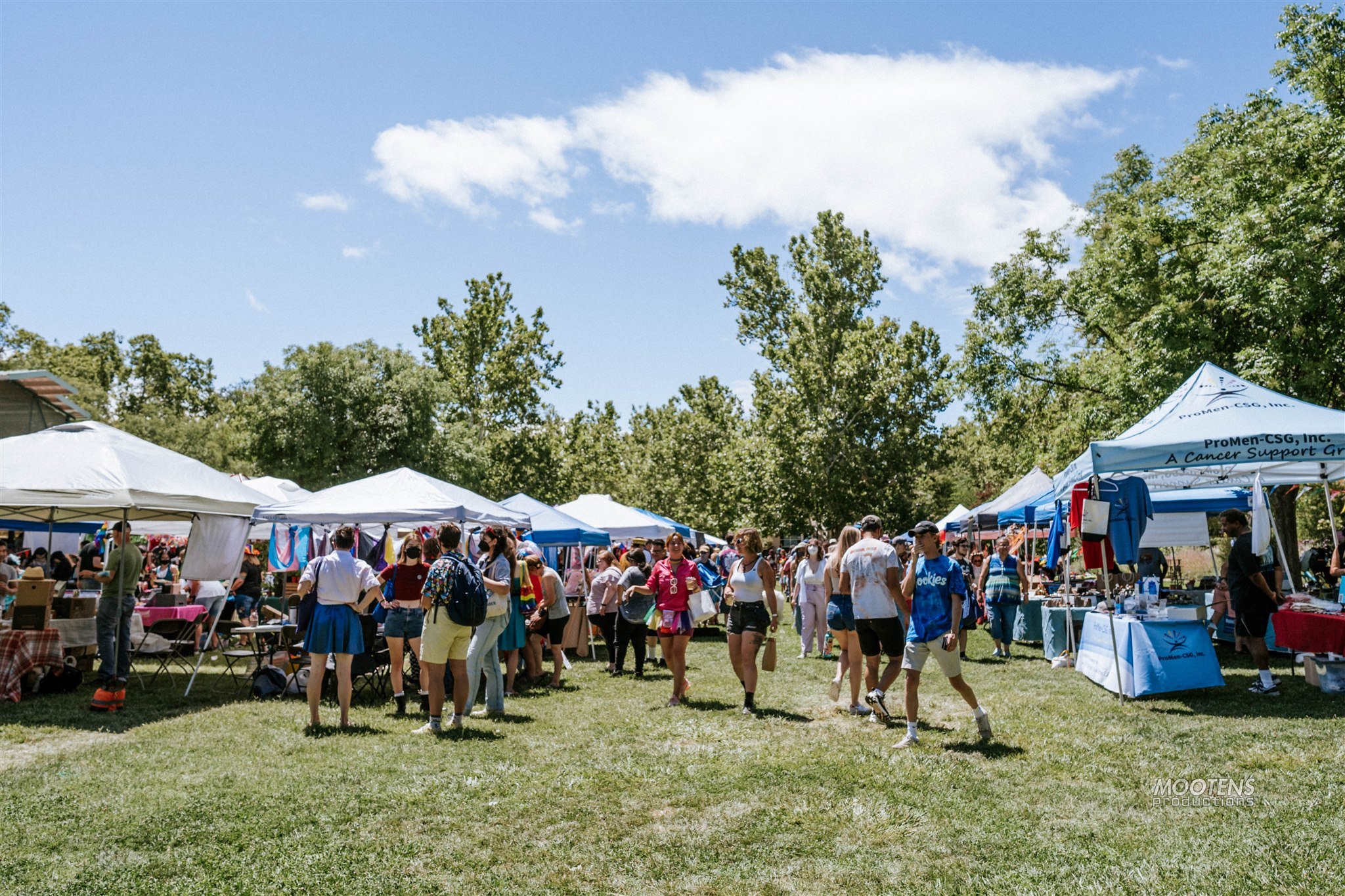 People walk around outside with tents and vendors for a festival