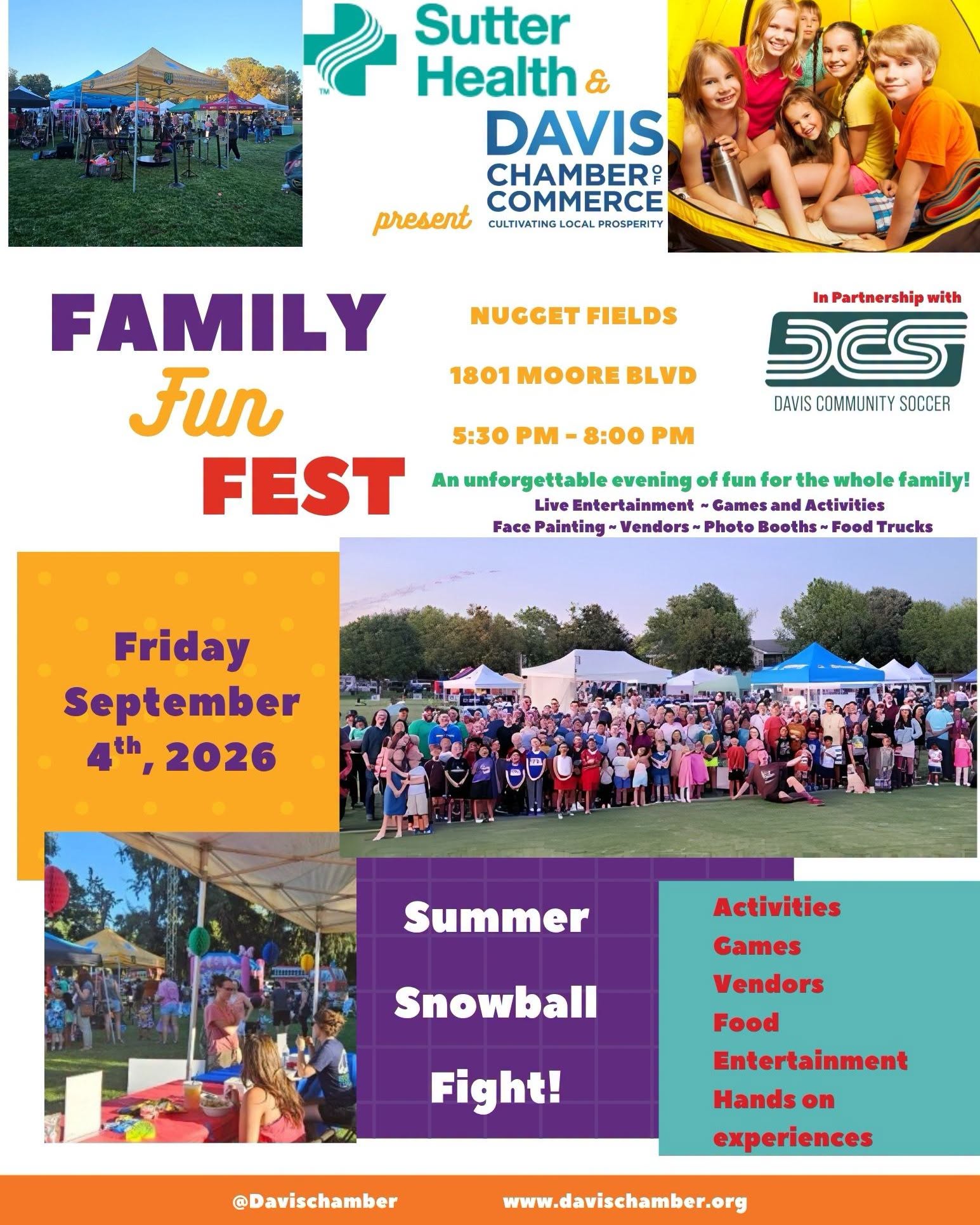 Family Fun Fest 2026 graphic for Sept. 4 from 5:30–8 p.m. at Nugget Fields, featuring family activities, games, vendors, food and entertainment.