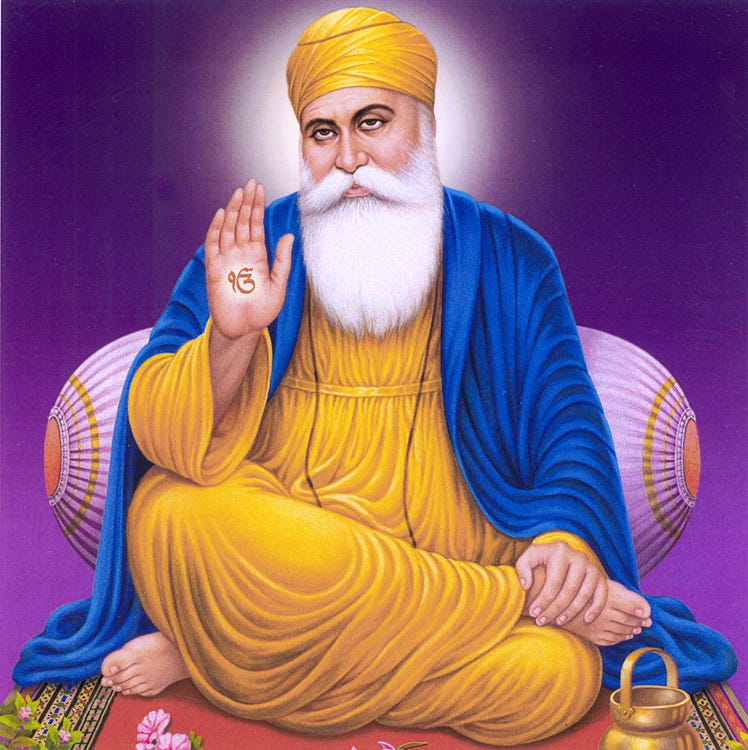 Illustration of Guru Nanak, the founder of Sikhism, seated in yellow robes and a blue shawl, wearing a yellow turban and raising one hand with the Ik Onkar symbol on his palm. The image commemorates Guru Nanak Gurpurab, his birth anniversary, observed on November 24.
