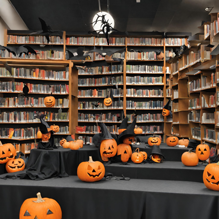 Library shelves filled with books and decorated for Halloween with orange pumpkins, carved jack-o’-lanterns, black witch hats, bats, and spider decorations. The display is arranged on black-covered tiered platforms beneath a moon-shaped light.