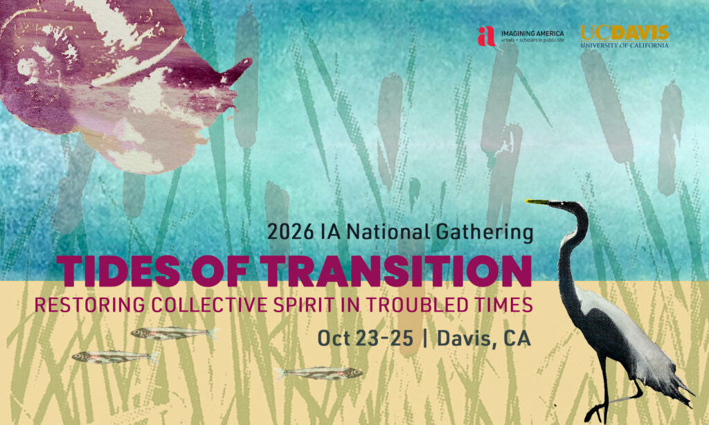 2026 Imagining America National Gathering graphic, “Tides of Transition: Restoring Collective Spirit in Troubled Times,” Oct. 23–25 in Davis, featuring illustrated birds and wetlands.