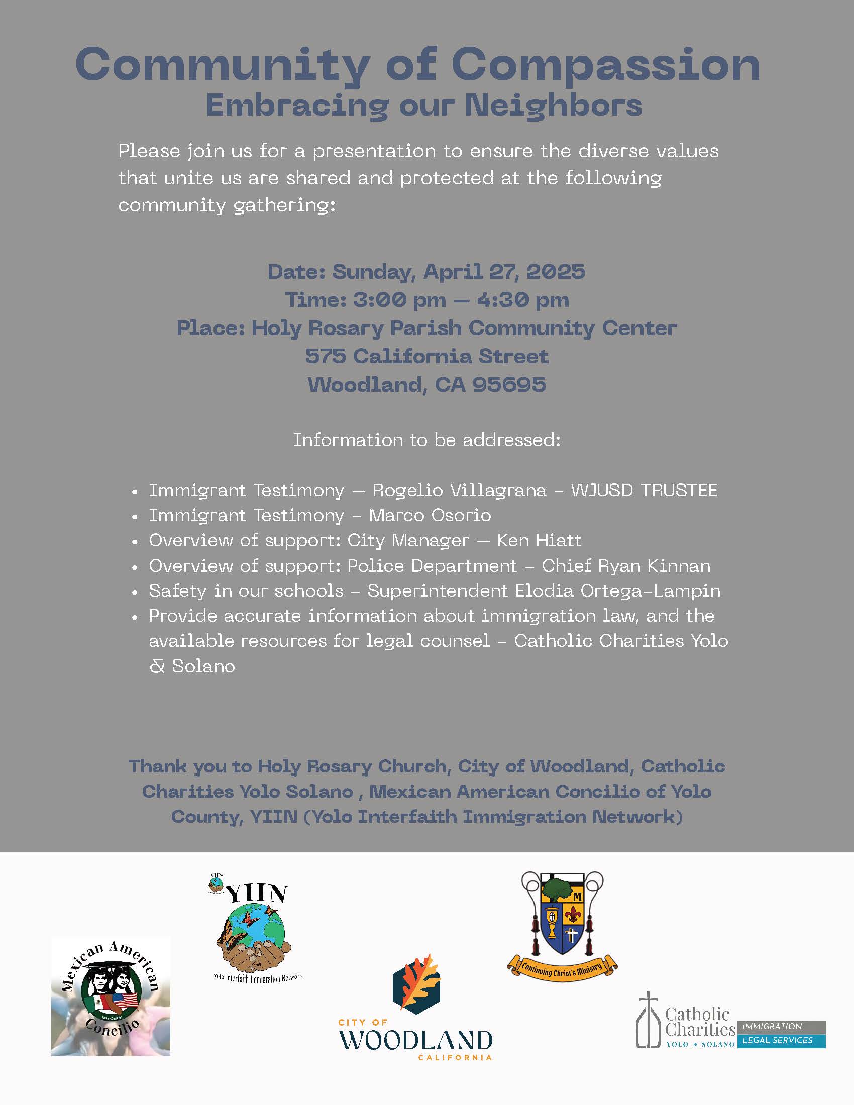 Community of Compassion, know your rights event on April 27, 2025 from 3-4:30 pm at the Holy Rosary Parish Community Church at 575 California Street in Woodland