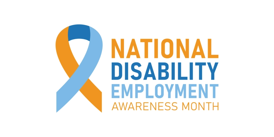 National Disability Employment Awareness Month logo featuring an orange, blue, and light blue awareness ribbon beside the words “National Disability Employment Awareness Month” in matching colors.