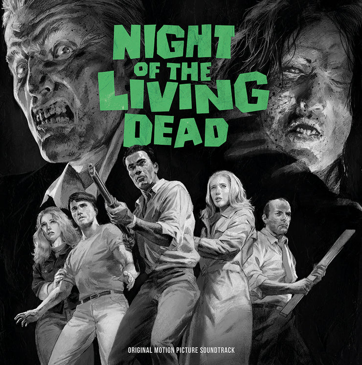 Black-and-white illustrated poster for *Night of the Living Dead*, featuring two large zombie faces above five survivors holding weapons. The film title appears in bold green lettering, with “Original Motion Picture Soundtrack” printed along the bottom.