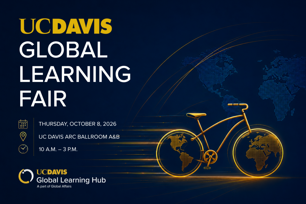 UC Davis Global Learning Fair graphic for Oct. 8, 2026, from 10 a.m.–3 p.m. at the UC Davis ARC Ballroom A&B, featuring a bicycle and world map.