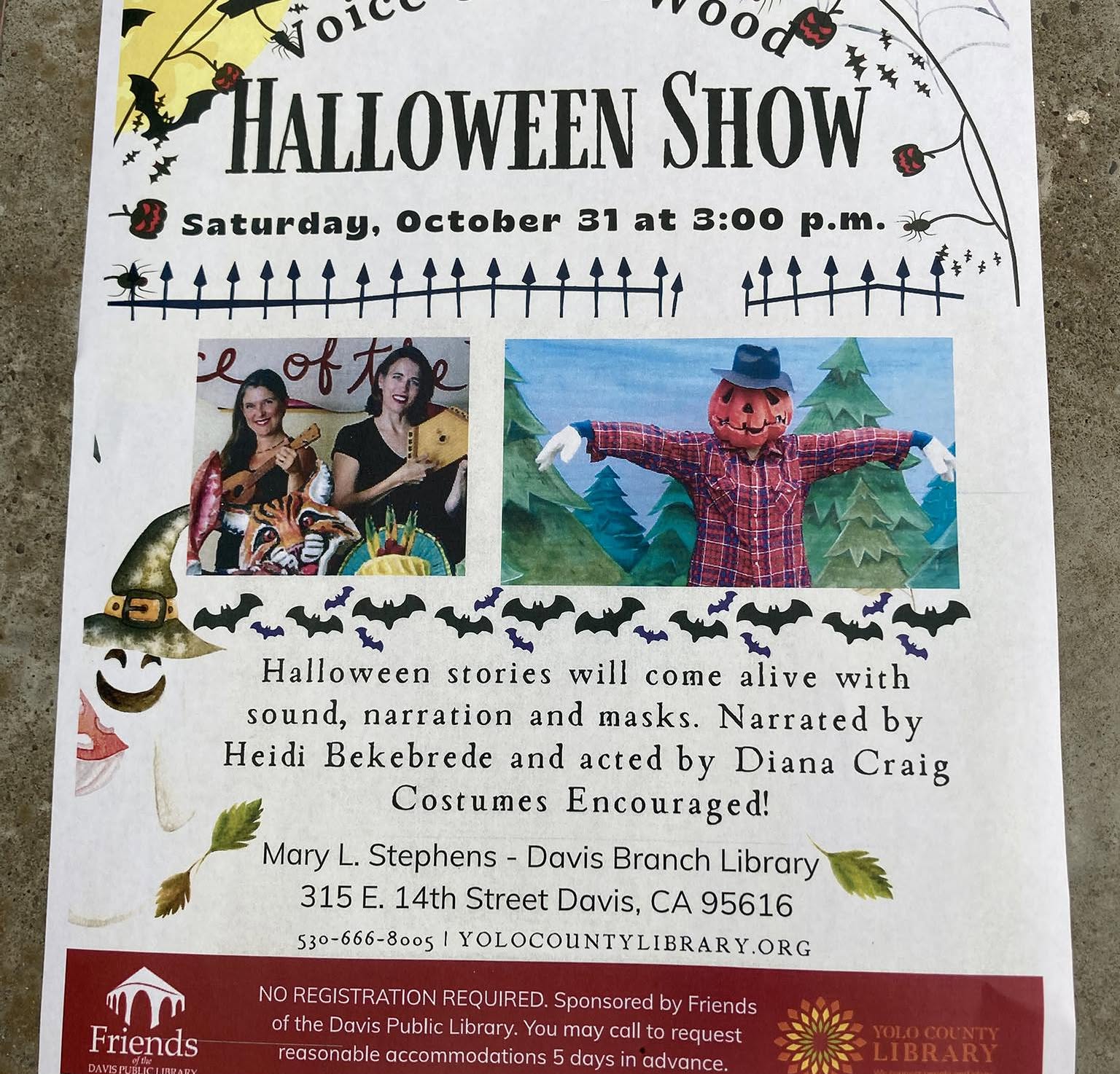 Flyer for “Voice of the Wood,” a Halloween show at the Mary L. Stephens Davis Branch Library. The event features Halloween stories with sound, narration by Heidi Bekebrede, and performances by Diana Craig. Costumes are encouraged, and registration is not required.