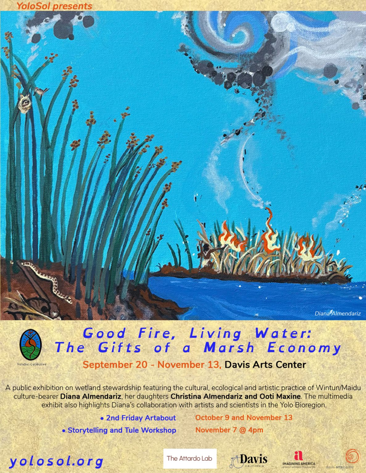A flyer of the good fire, living water wetlands exhibit from September 20 - November 13 at the Davis Arts Center
