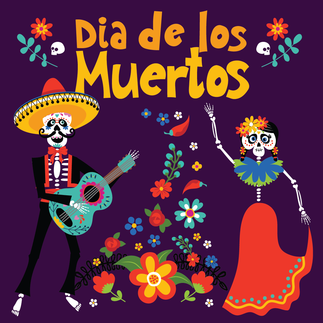 Colorful Día de los Muertos illustration featuring a skeleton mariachi playing a guitar and a dancing skeleton woman surrounded by flowers, skulls, and decorative motifs against a dark purple background.
