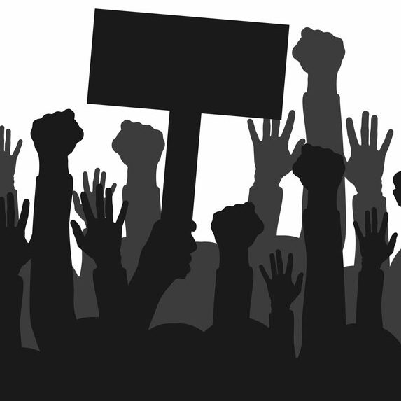 White background with silhouettes of people protesting remembrance