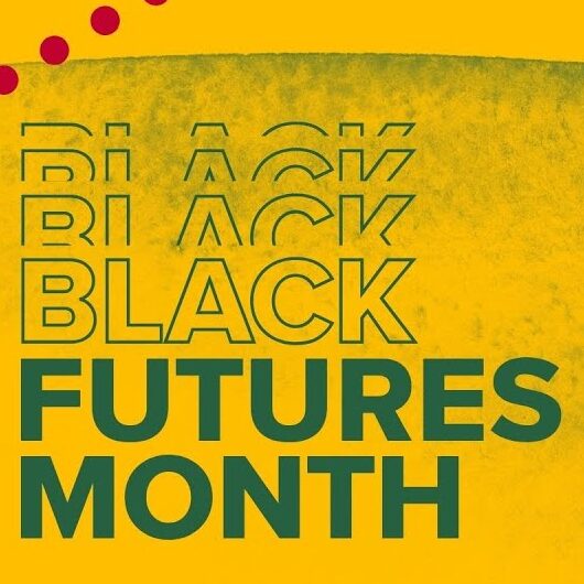 Yellow background with text that reads Black Futures Month. Image to celebrate joy.