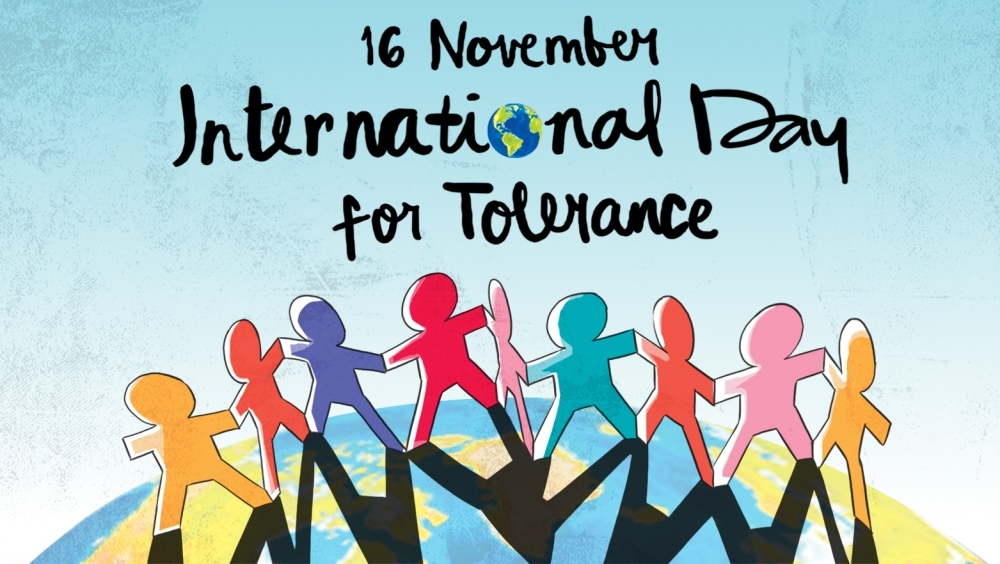 Illustration for International Day for Tolerance on November 16, showing colorful human figures holding hands around a globe to represent unity, inclusion, and acceptance of diversity.